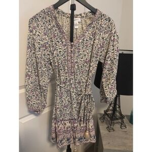 Japna Floral V Neck Tassel Tie Waist Dress Cream Pink Blue Size S NWOT